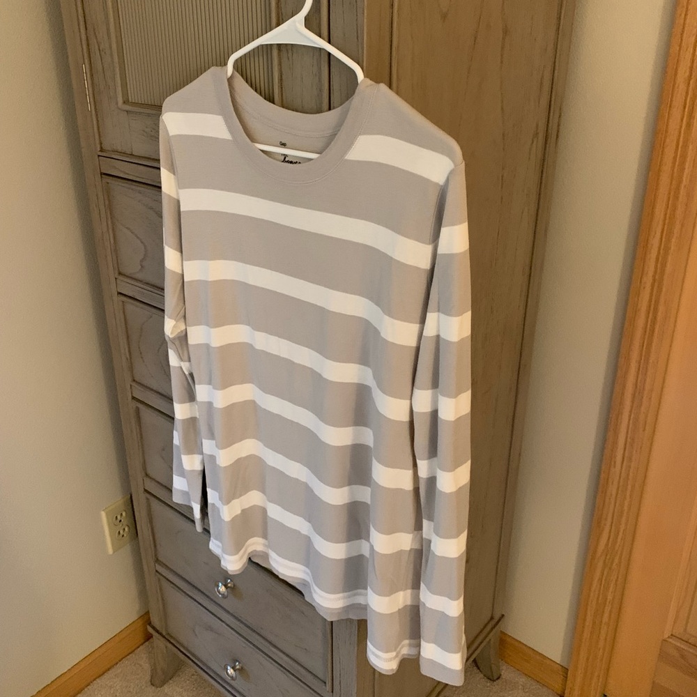Gray and White Striped Long Sleeve Tee